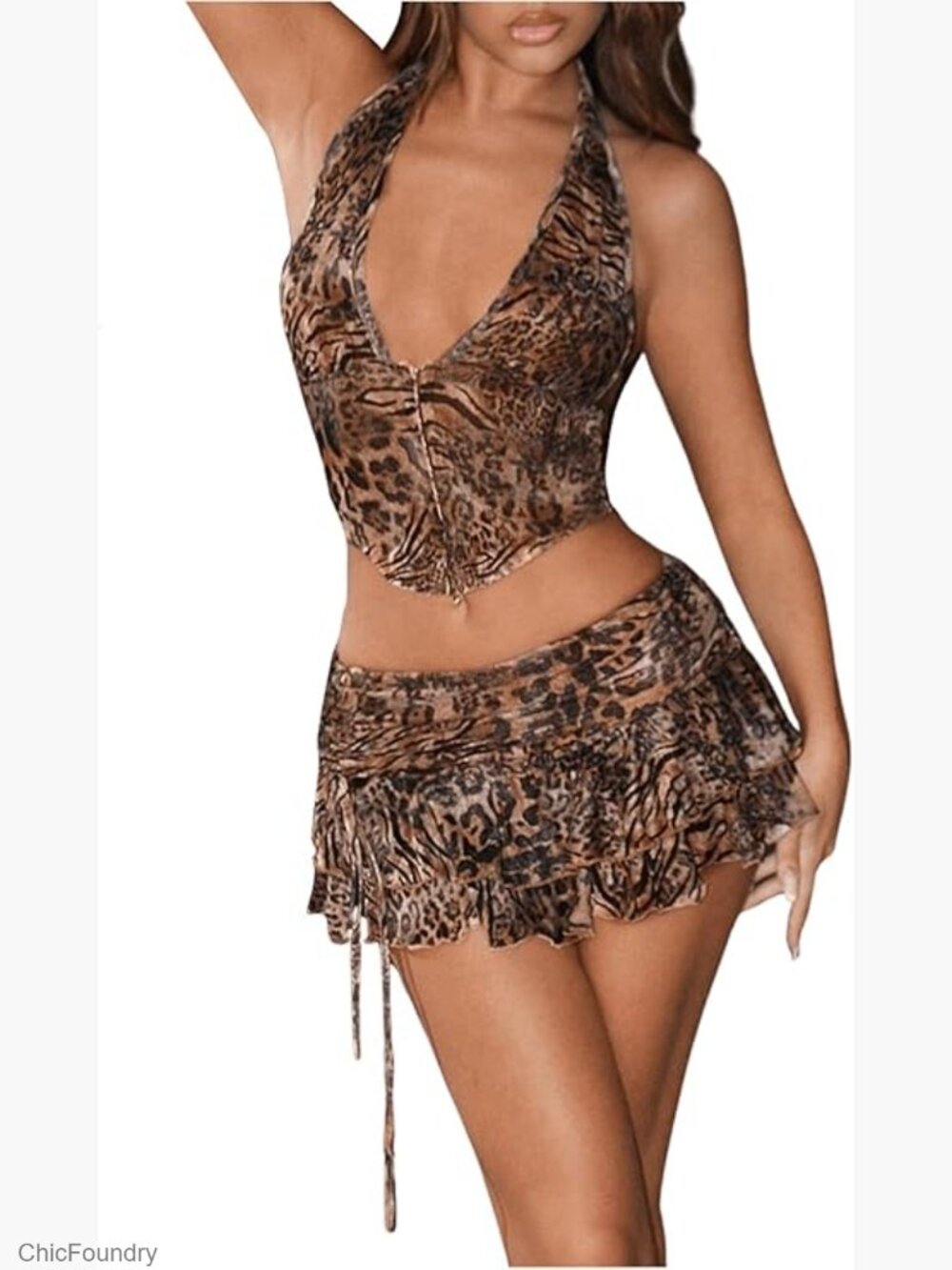 Leopard Print Halter Crop Top and Ruffle Skirt Set, Size Small, Polyester Blend